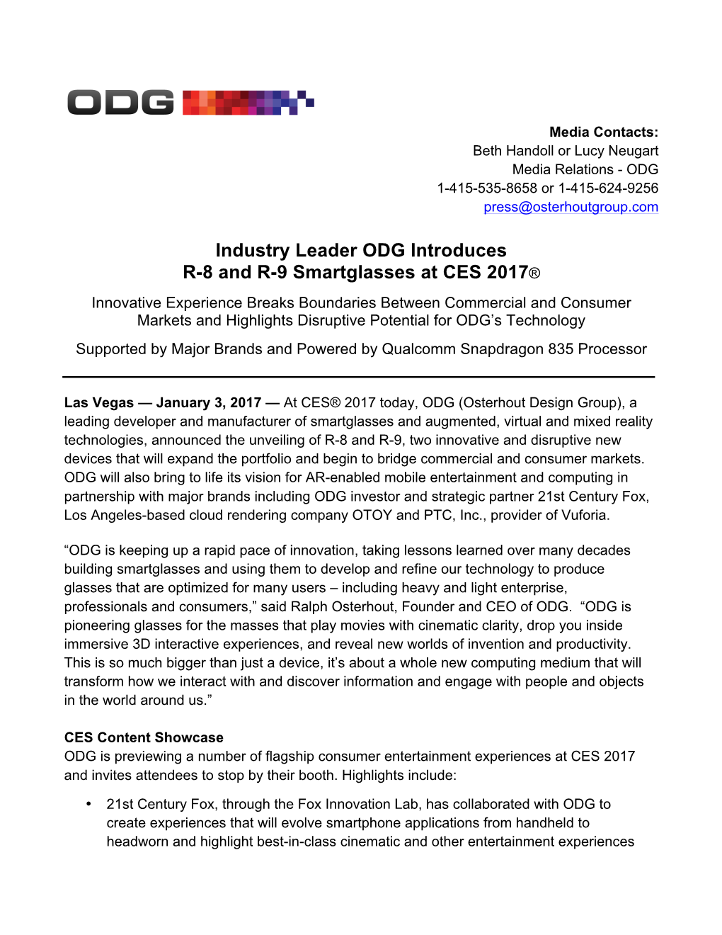 Industry Leader ODG Introduces R-8 and R-9 Smartglasses at CES 2017®