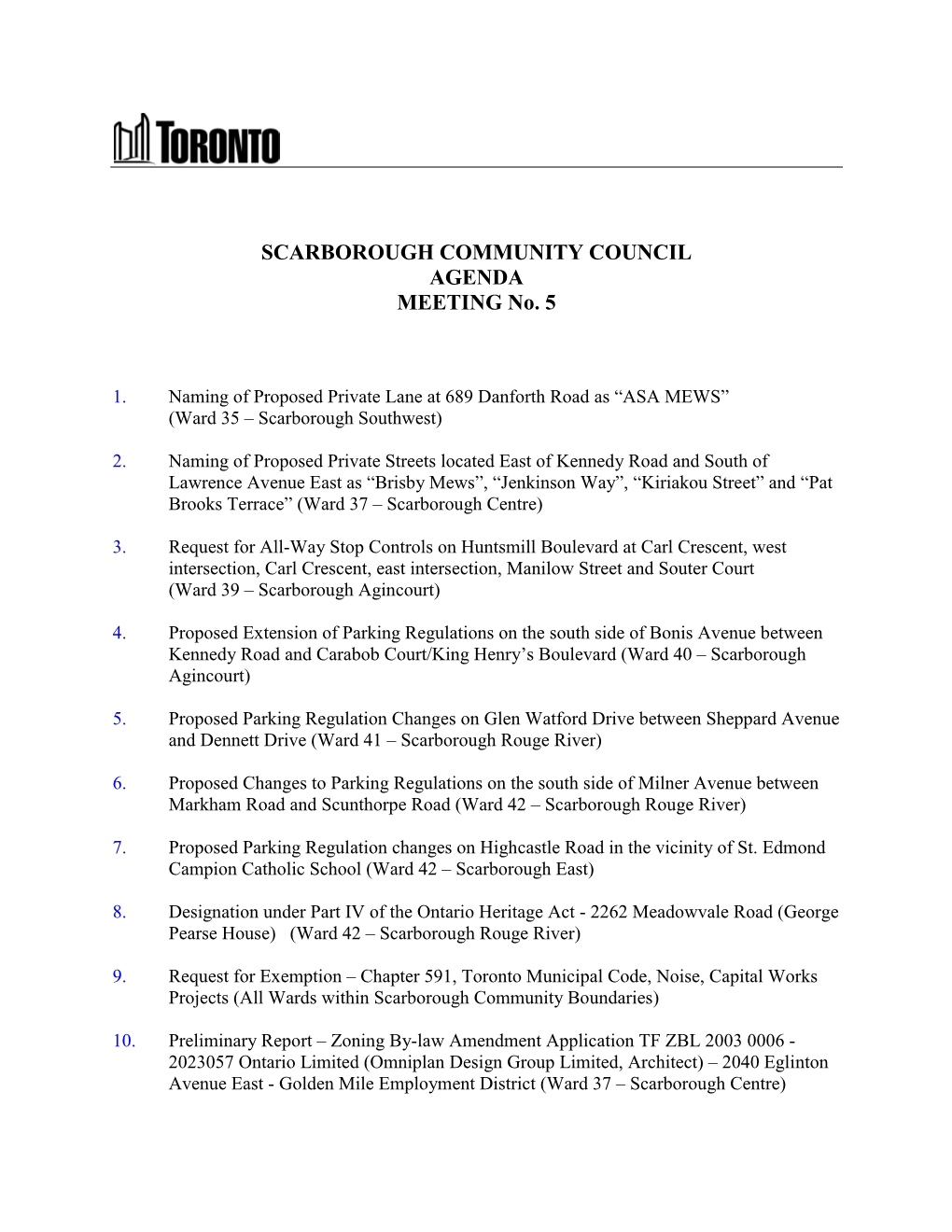 SCARBOROUGH COMMUNITY COUNCIL AGENDA MEETING No. 5