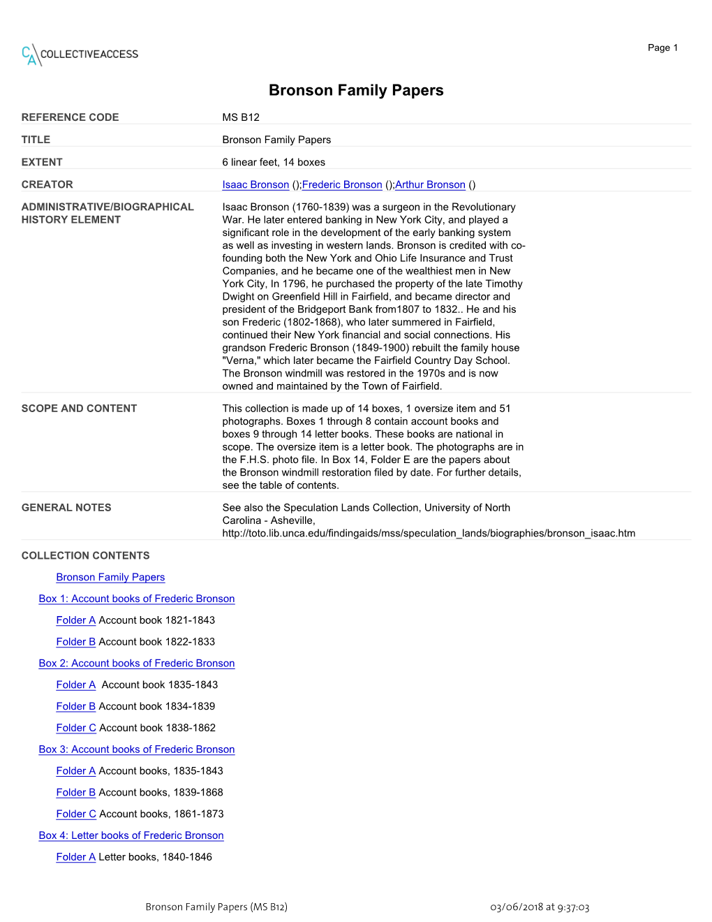 Summary for Bronson Family Papers (MS B12)