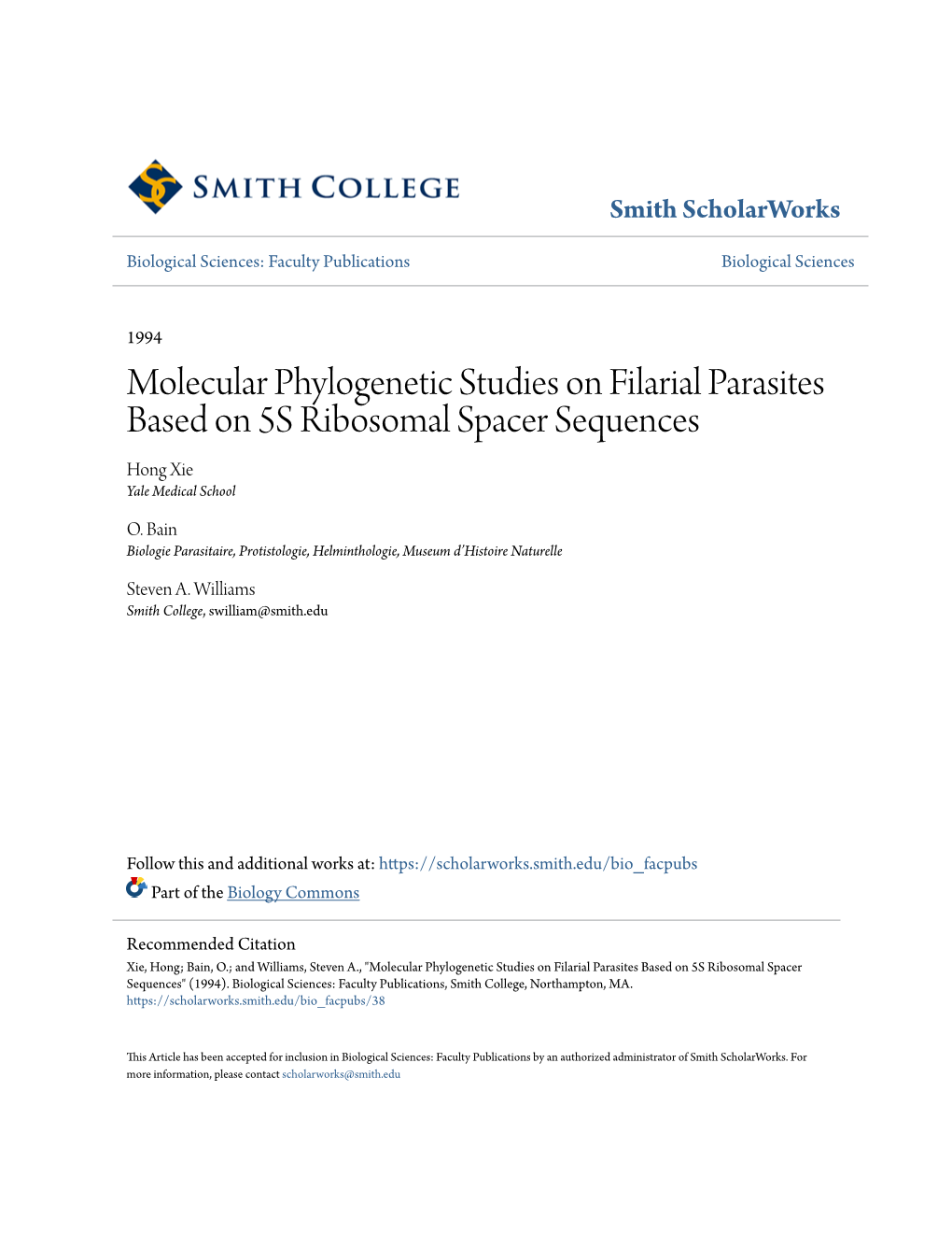 Molecular Phylogenetic Studies on Filarial Parasites Based on 5S Ribosomal Spacer Sequences Hong Xie Yale Medical School