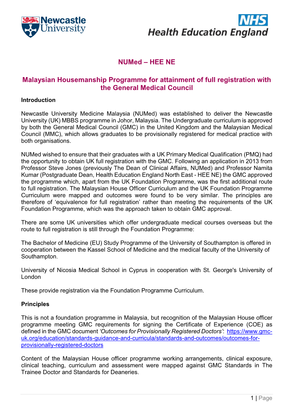 Numed – HEE NE Malaysian Housemanship Programme for Attainment of Full Registration with the General Medical Council