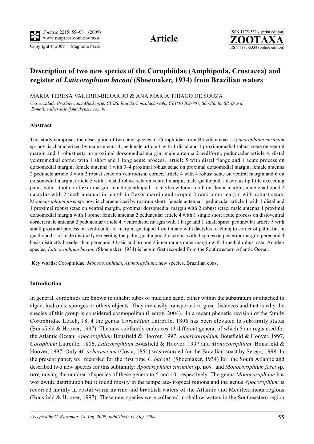 Zootaxa, Description of Two New Species of the Corophiidae (Amphipoda, Crustacea)