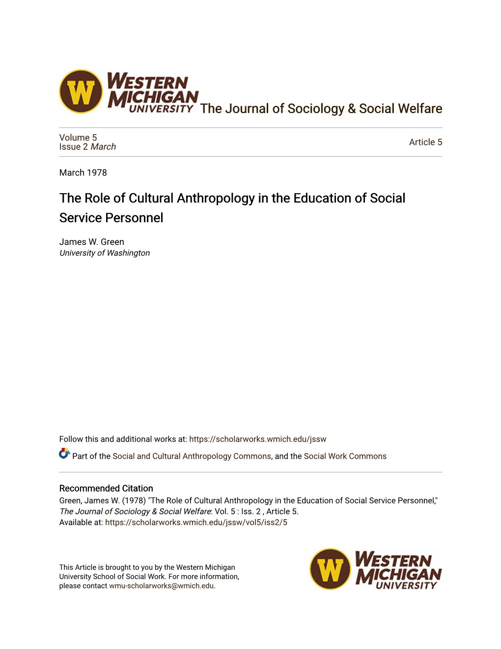 The Role of Cultural Anthropology in the Education of Social Service Personnel