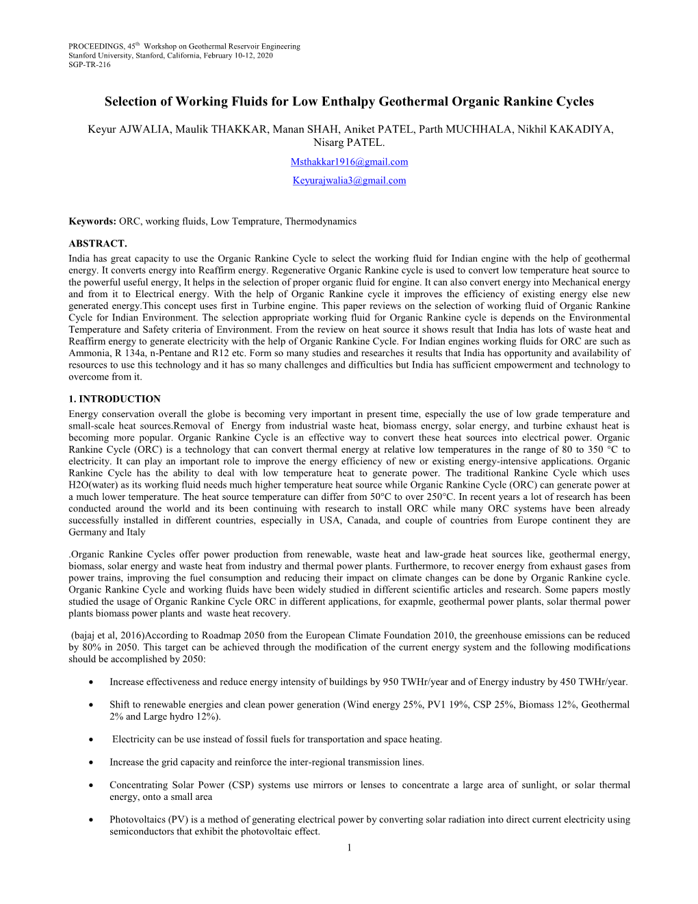 Selection of Working Fluids for Low Enthalpy Geothermal Organic Rankine Cycles