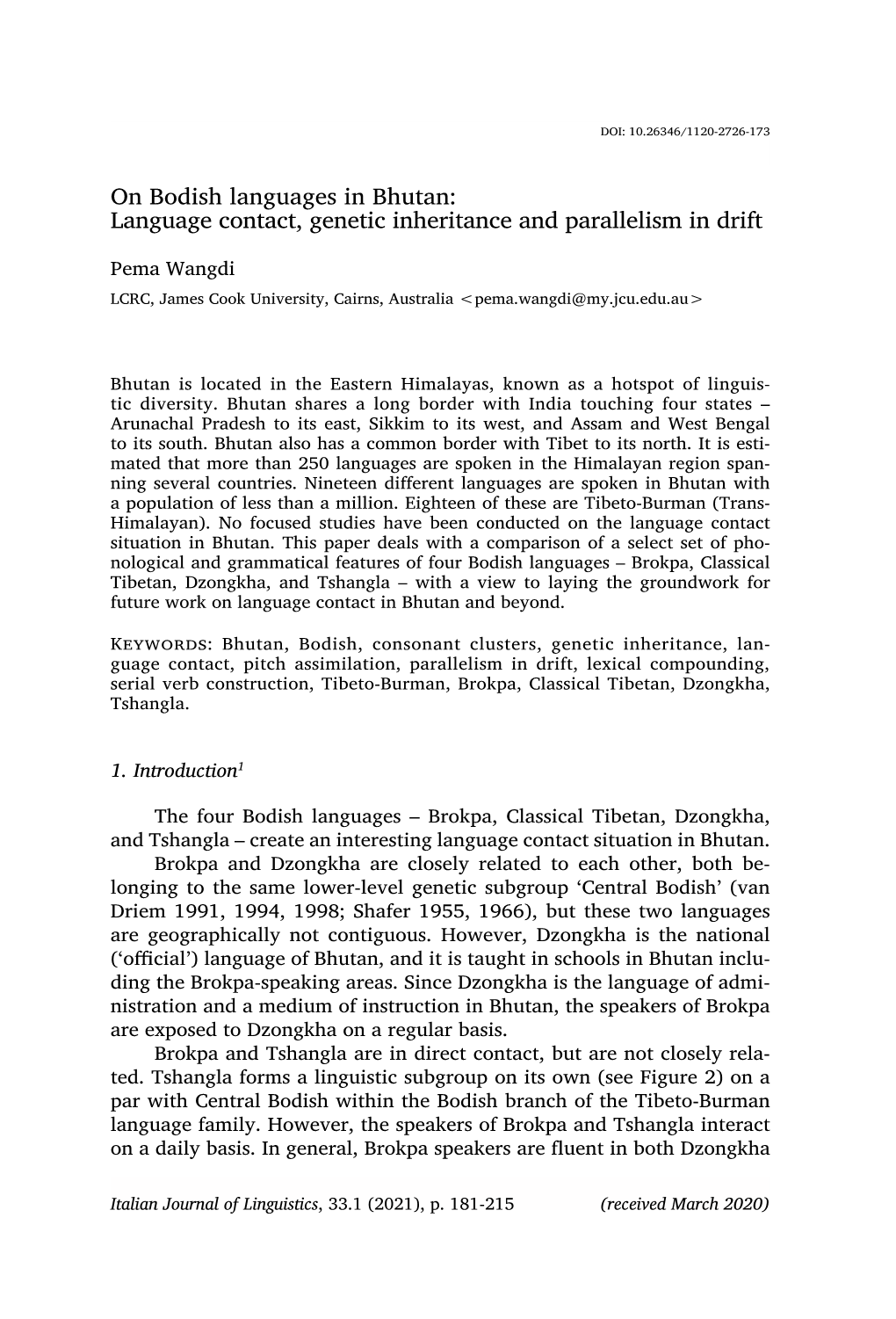 On Bodish Languages in Bhutan: Language Contact, Genetic Inheritance and Parallelism in Drift