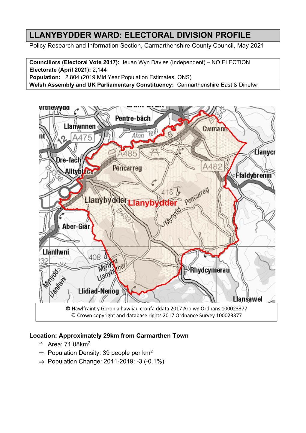 LLANYBYDDER WARD: ELECTORAL DIVISION PROFILE Policy Research and Information Section, Carmarthenshire County Council, May 2021