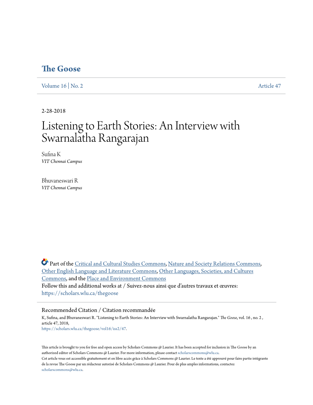 Listening to Earth Stories: an Interview with Swarnalatha Rangarajan Sufina K VIT Chennai Campus