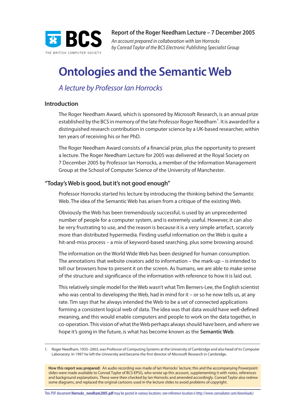 Ontologies and the Semantic Web a Lecture by Professor Ian Horrocks