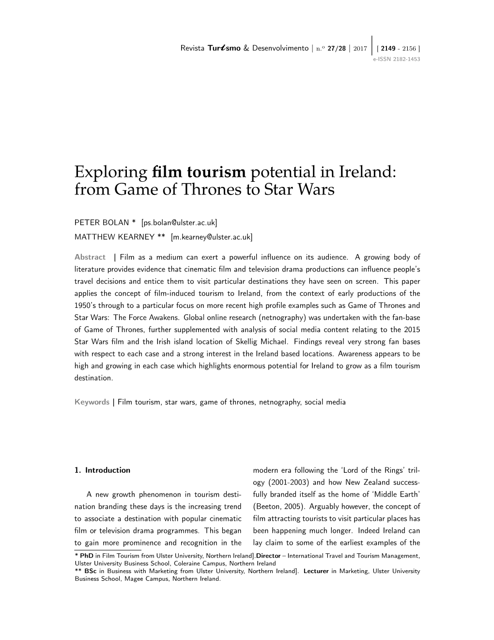 Exploring Film Tourism Potential in Ireland: from Game of Thrones To