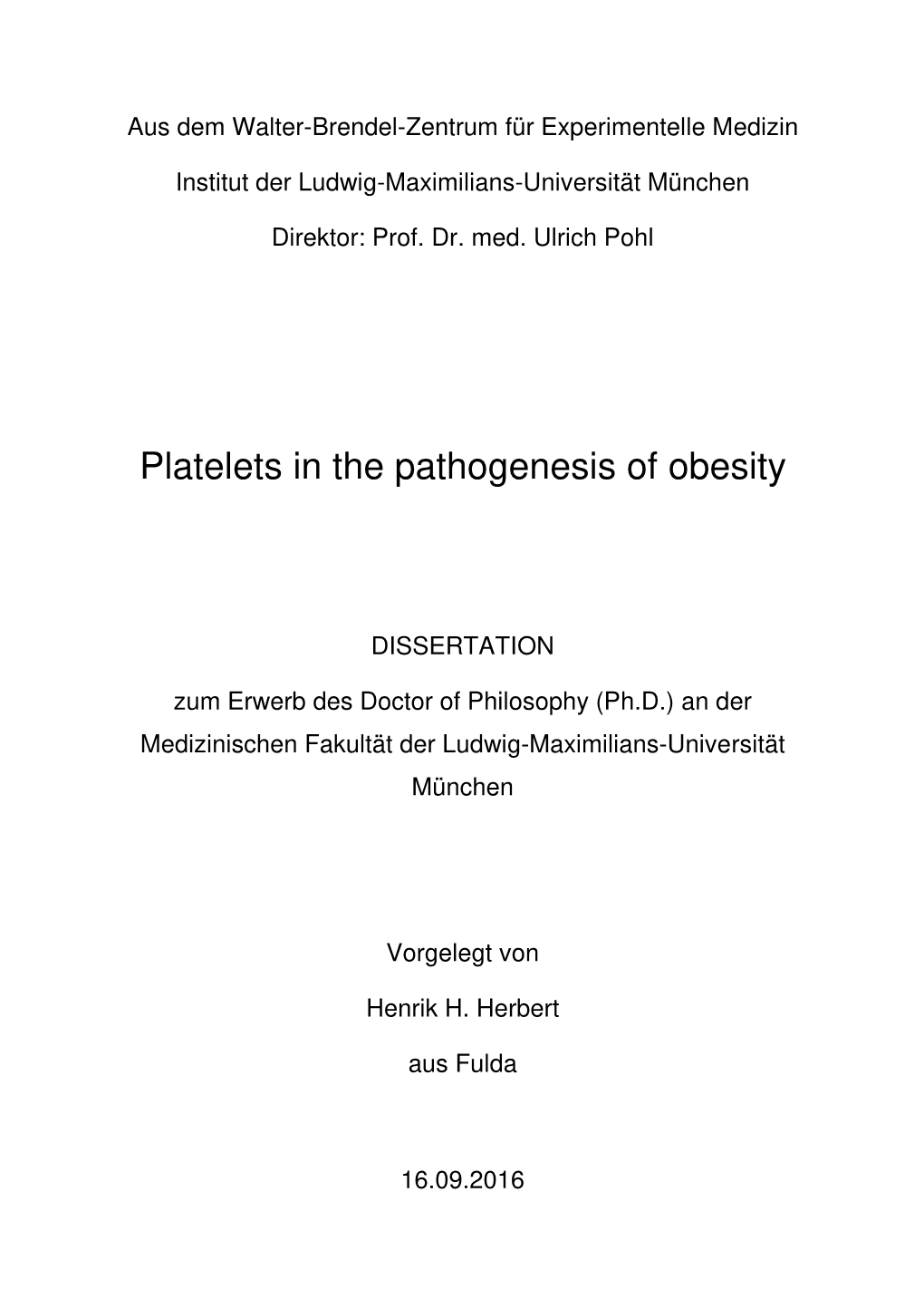 Platelets in the Pathogenesis of Obesity
