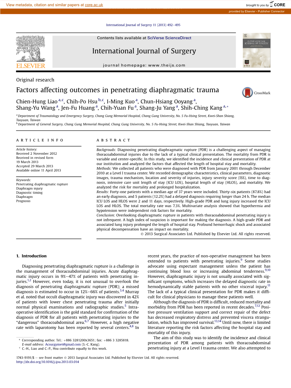 Factors Affecting Outcomes in Penetrating Diaphragmatic Trauma