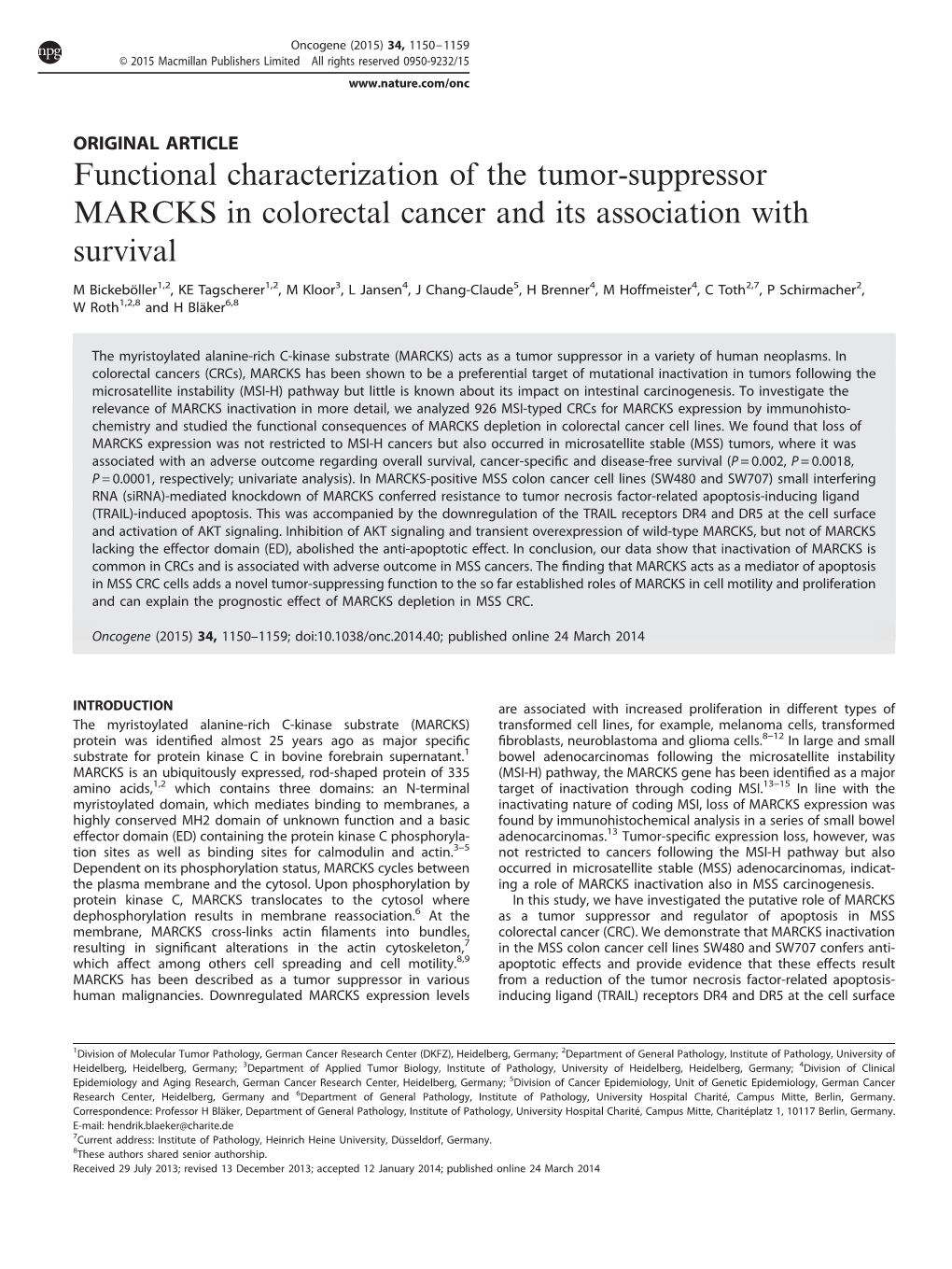 Functional Characterization of the Tumor-Suppressor MARCKS in Colorectal Cancer and Its Association with Survival