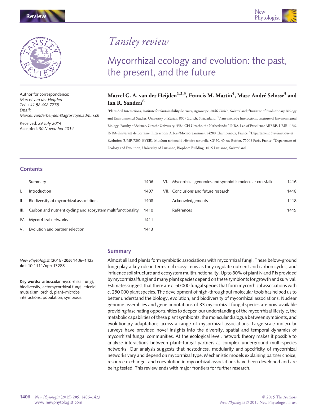 Tansley Review Mycorrhizal Ecology and Evolution: the Past, the Present, and the Future