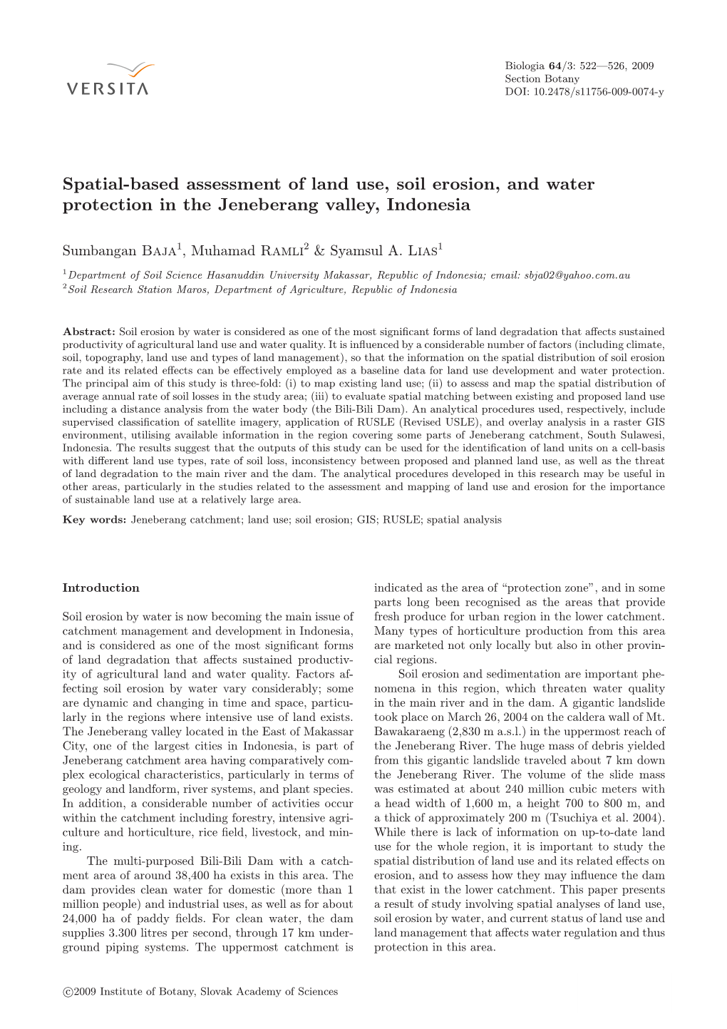 Spatial-Based Assessment of Land Use, Soil Erosion, and Water Protection in the Jeneberang Valley, Indonesia