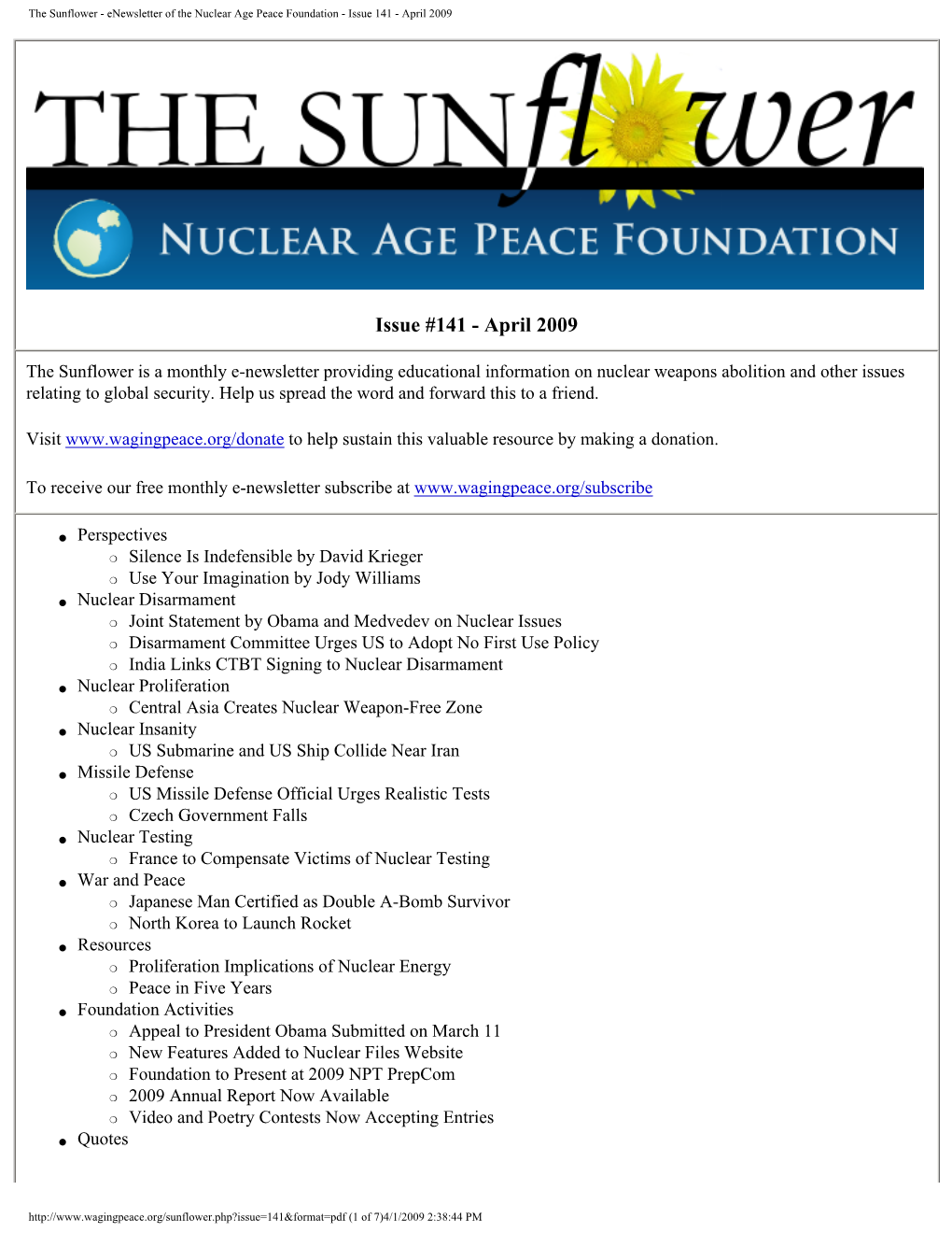 The Sunflower - Enewsletter of the Nuclear Age Peace Foundation - Issue 141 - April 2009