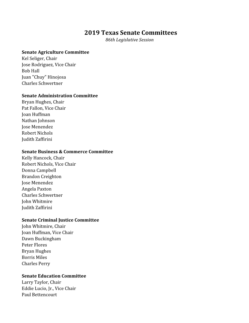 2019 Texas Senate Committees 86Th Legislative Session