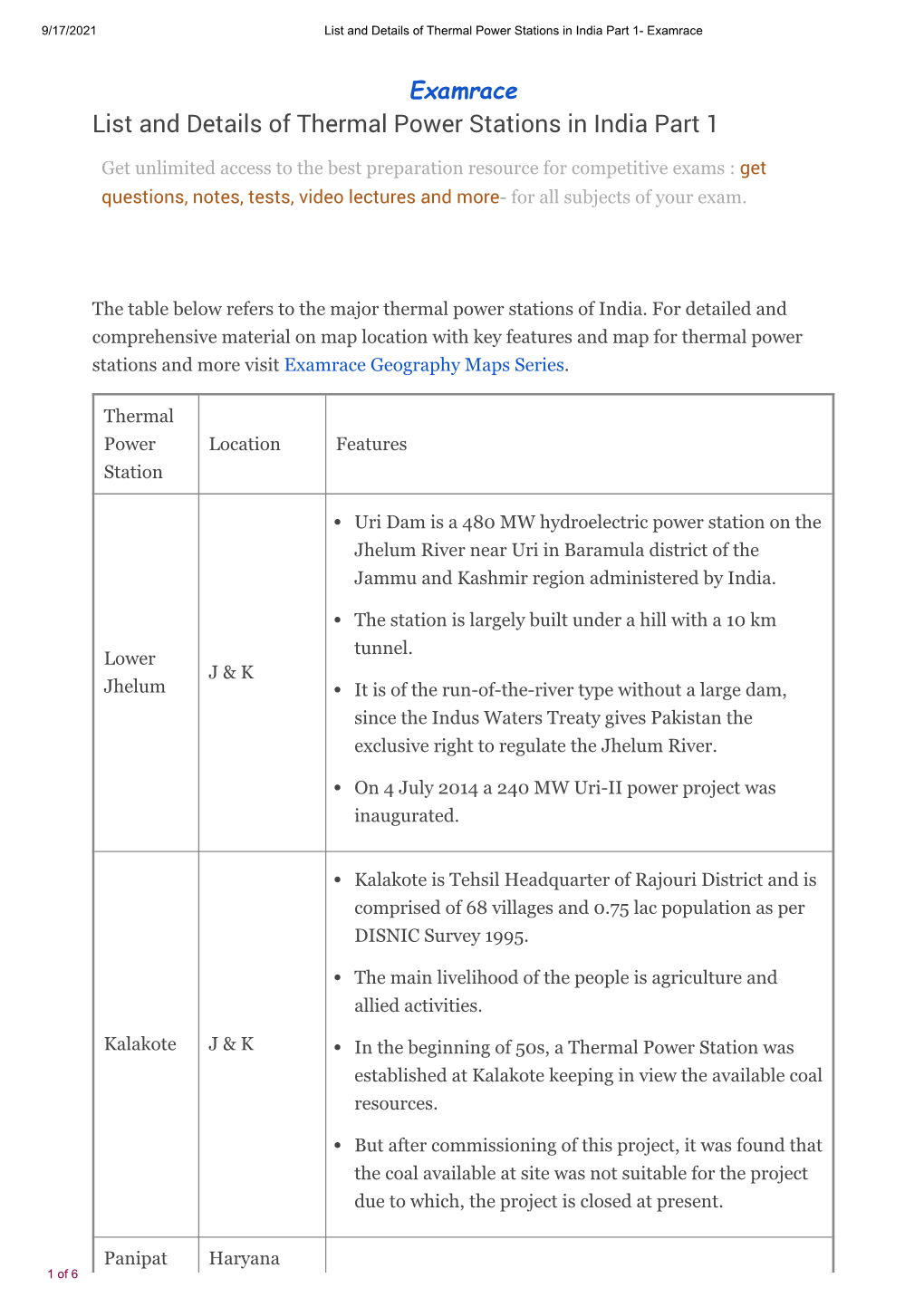 List and Details of Thermal Power Stations in India Part 1- Examrace