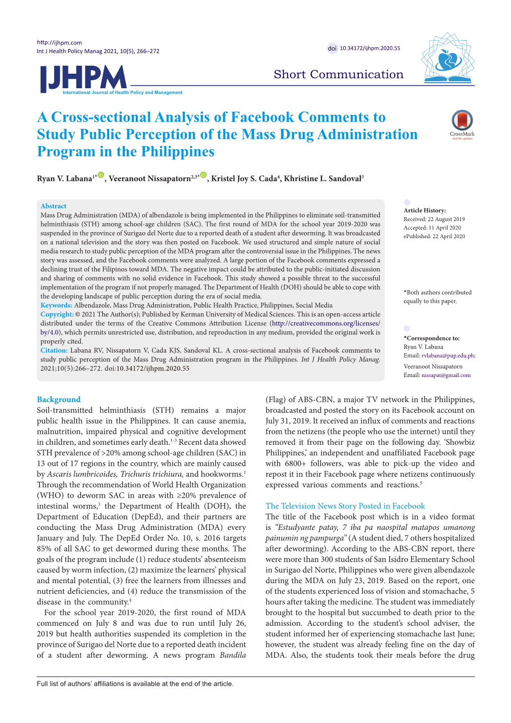 A Cross-Sectional Analysis of Facebook Comments to Study Public Perception of the Mass Drug Administration Program in the Philippines