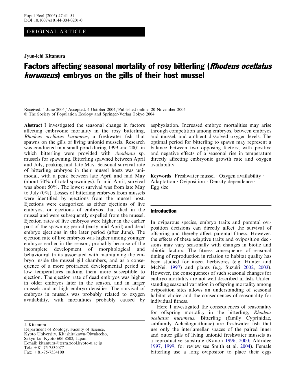 Factors Affecting Seasonal Mortality of Rosy Bitterling (Rhodeus Ocellatus Kurumeus) Embryos on the Gills of Their Host Mussel