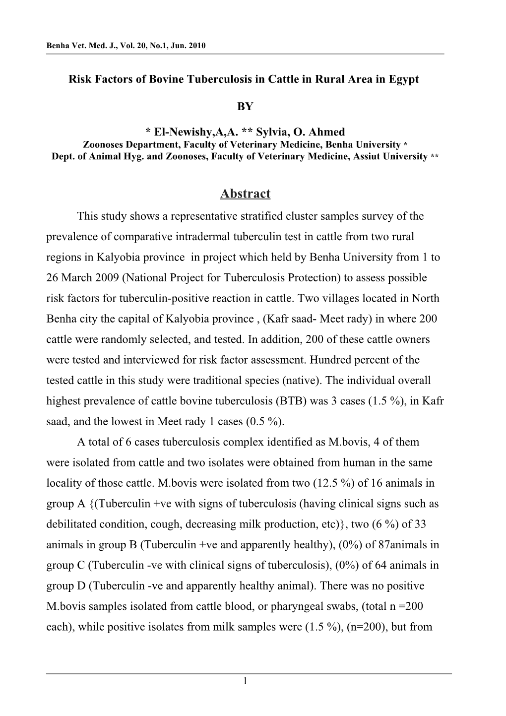 Risk Factors of Bovine Tuberculosis in Cattle in Rural Area in Kaloubia Province