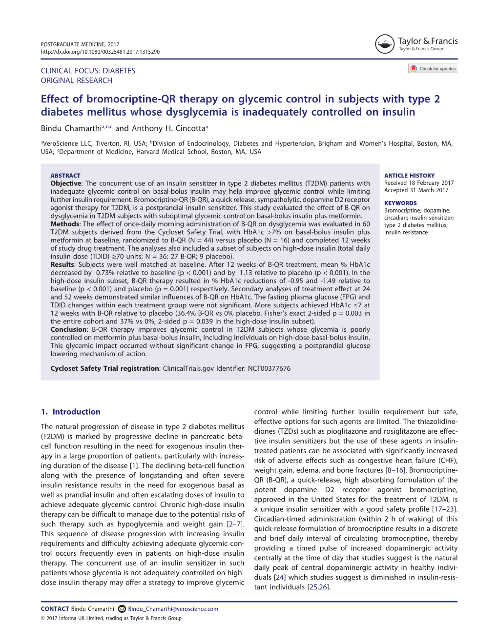 Effect of Bromocriptine-QR Therapy on Glycemic Control in Subjects With