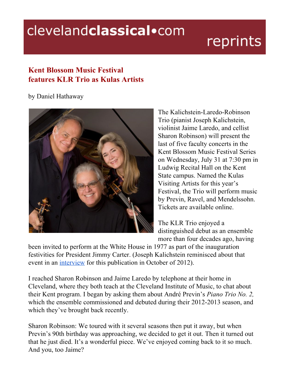 Kent Blossom Music Festival Features KLR Trio As Kulas Artists by Daniel Hathaway
