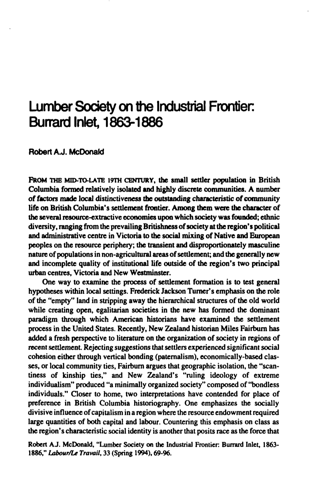 Lumber Society on the Industrial Frontier. Burrard Inlet 1863-1886