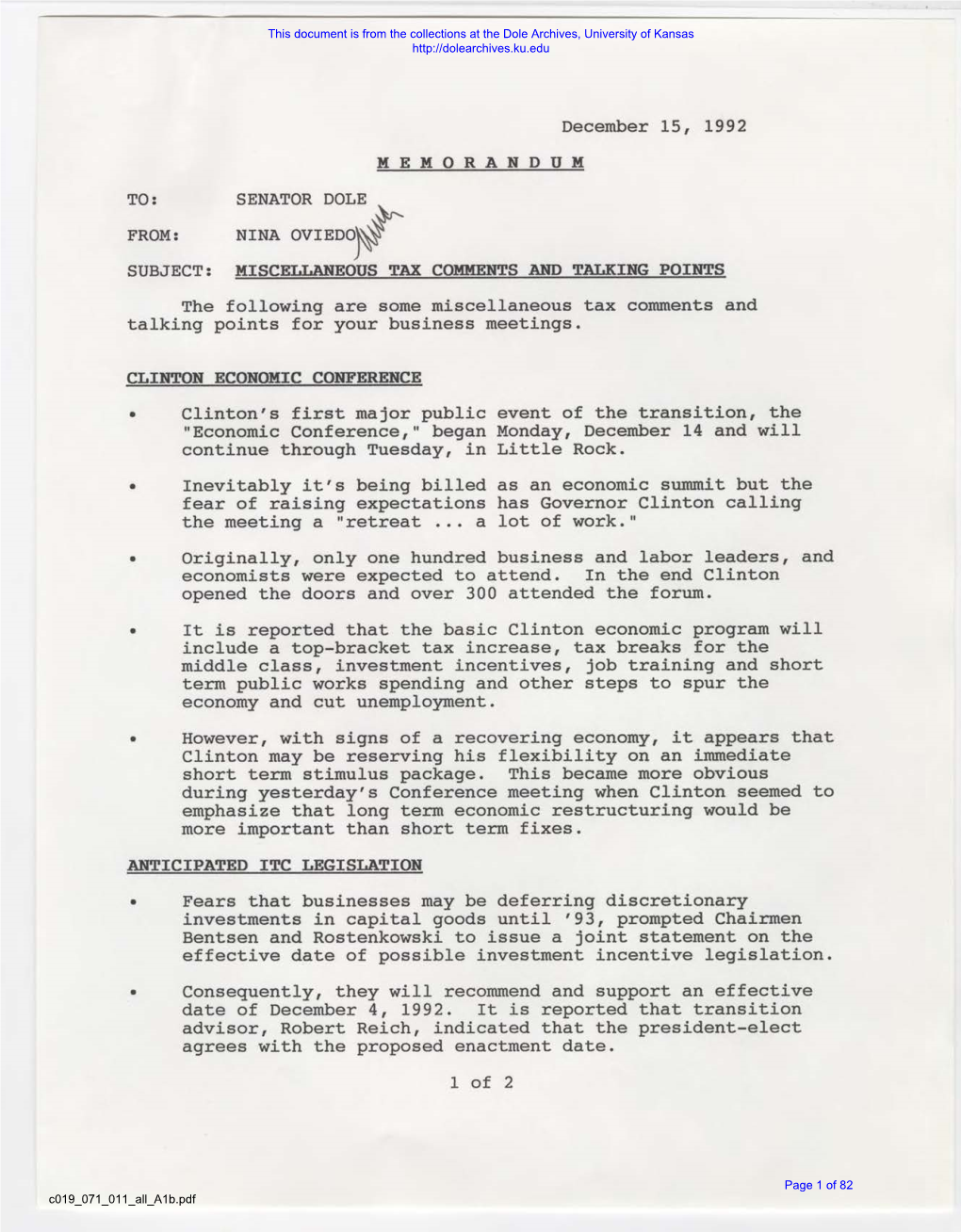 December 15, 1992 MEMORANDUM TO