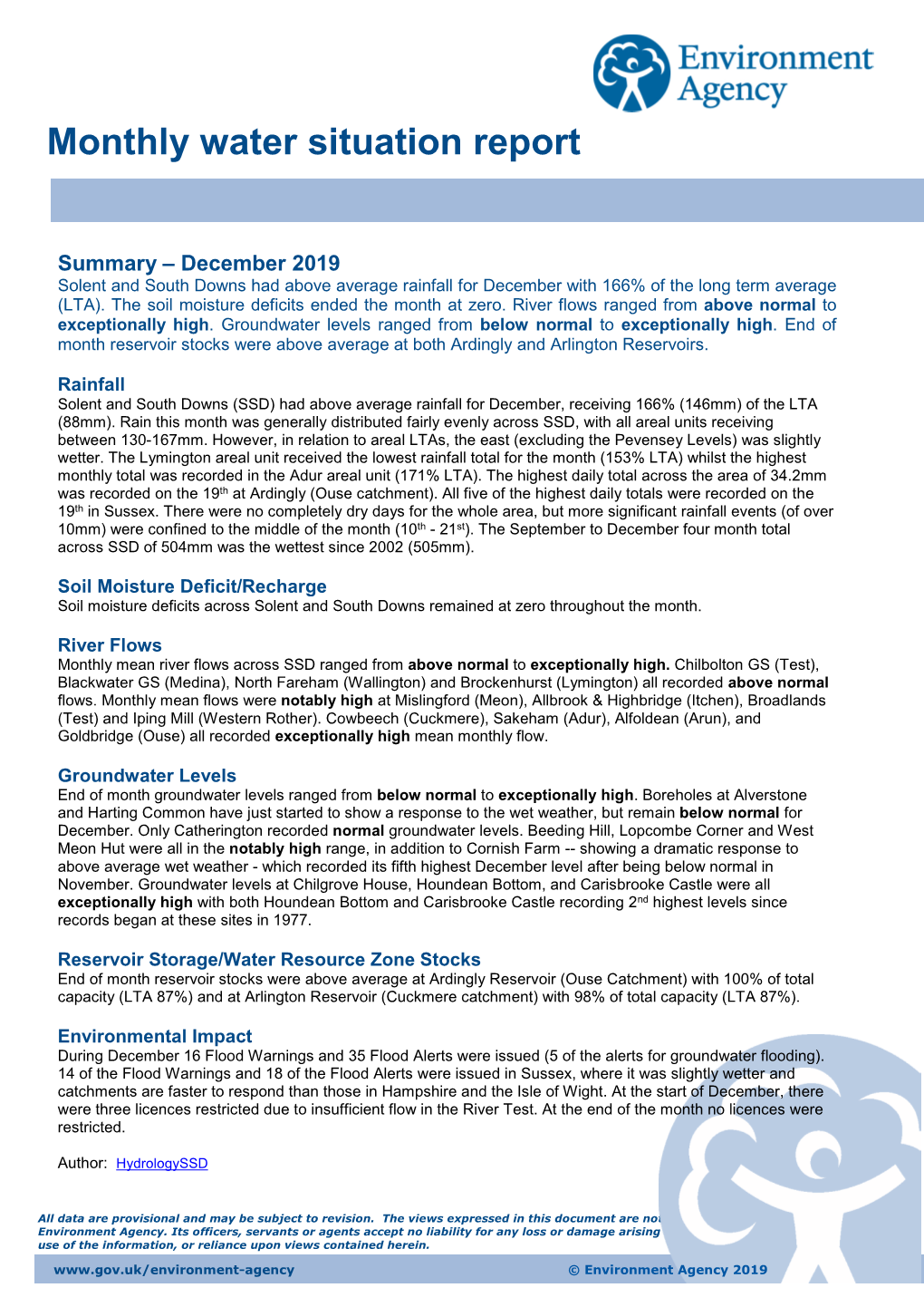 Water Situation Report Solent and South Downs Area