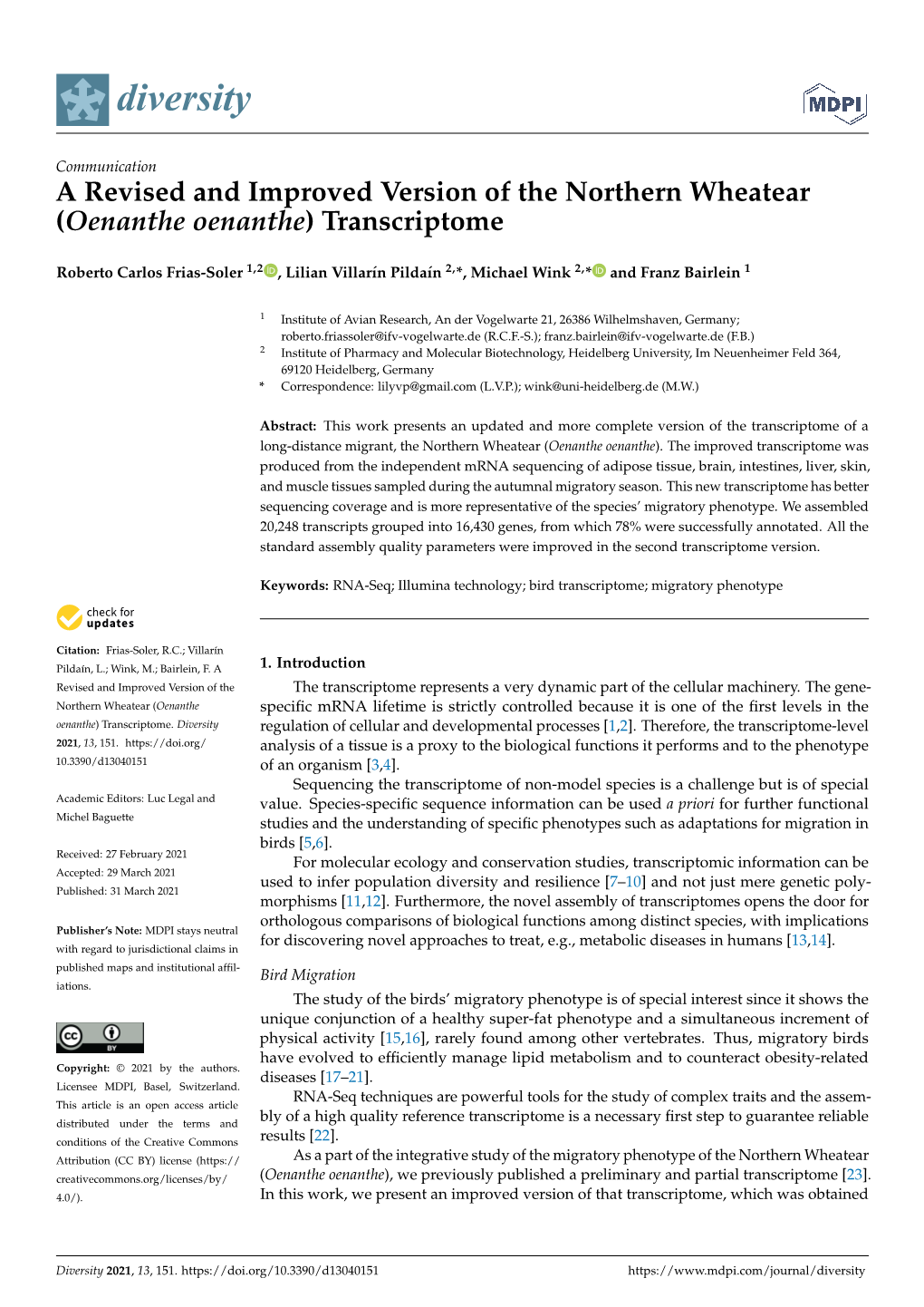 A Revised and Improved Version of the Northern Wheatear (Oenanthe Oenanthe) Transcriptome