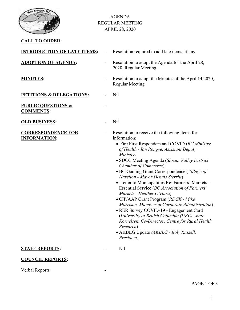 Agenda Regular Meeting April 28, 2020 Page 1 of 3 Call To