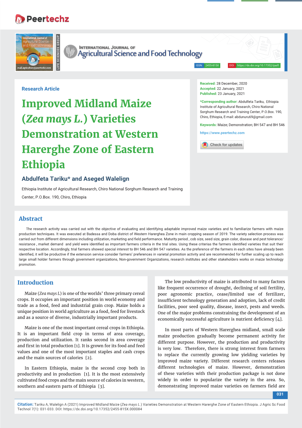 Improved Midland Maize (Zea Mays L.) Varieties Demonstration at Western Harerghe Zone of Eastern Ethiopia