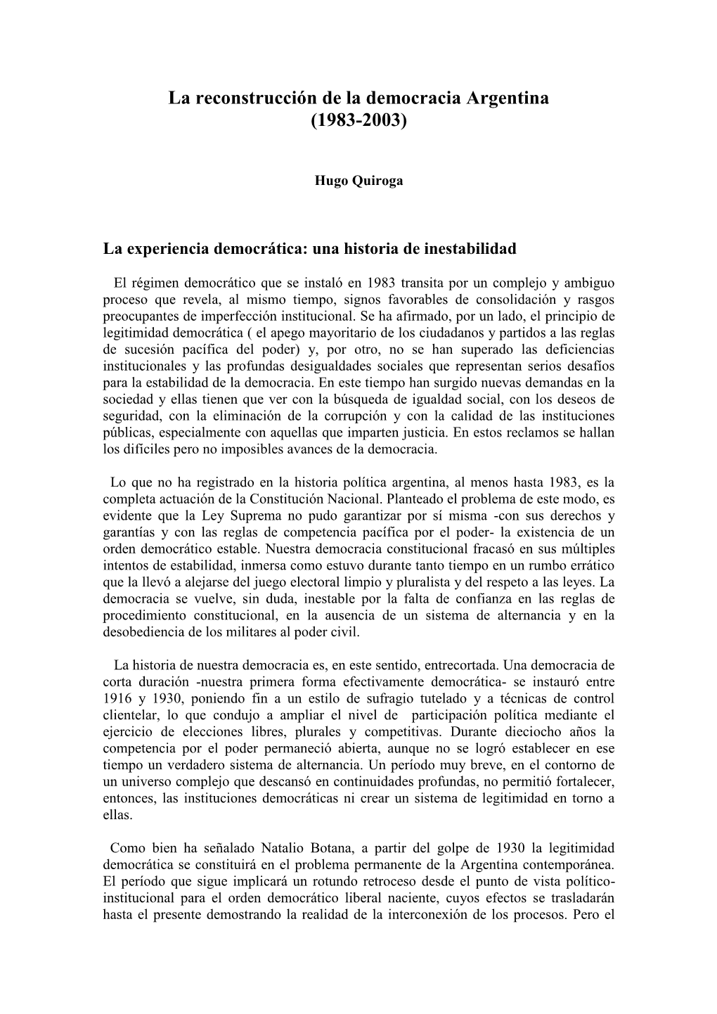 La Reconstrucción De La Democracia Argentina (1983-2003)
