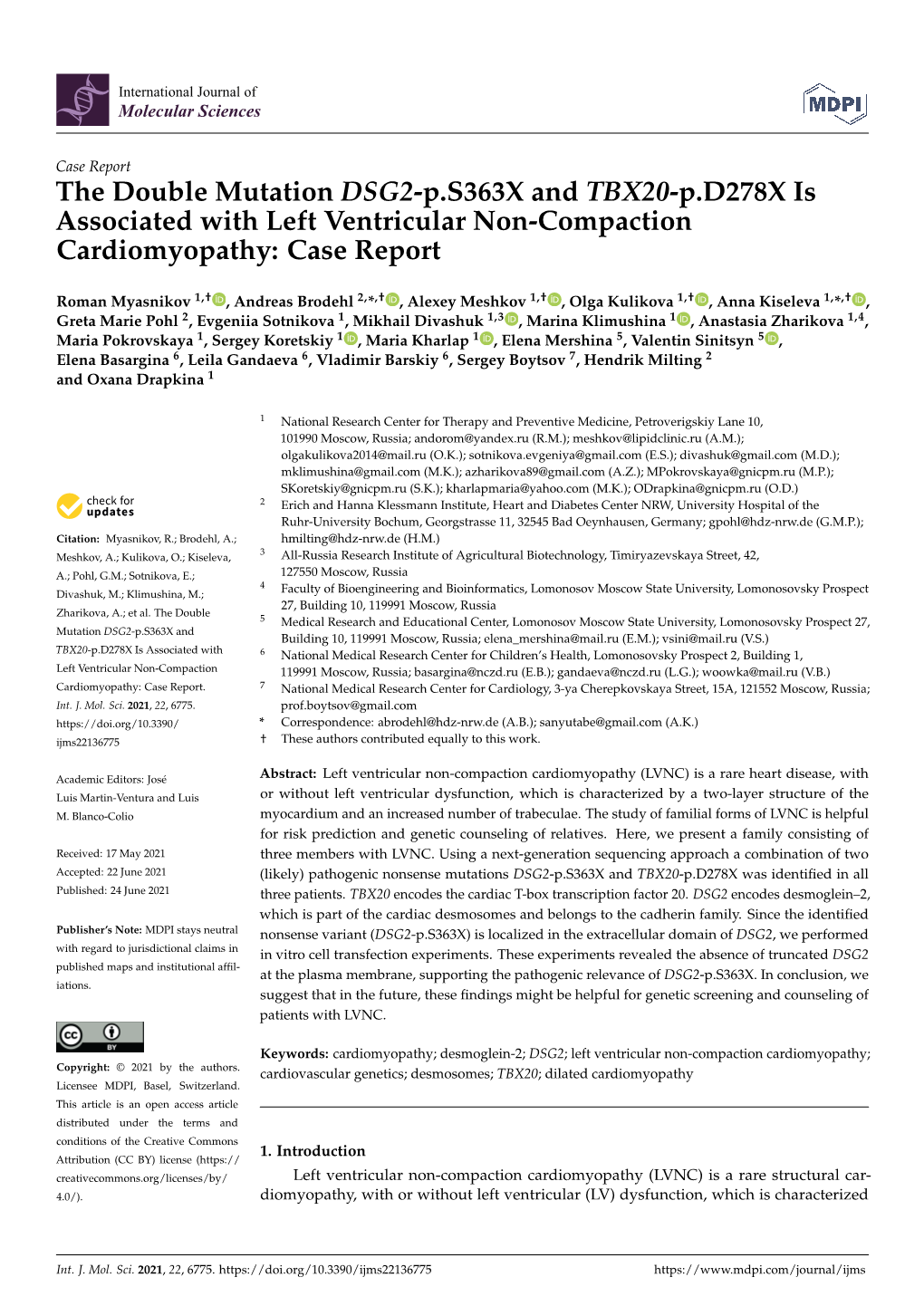 The Double Mutation DSG2-P.S363X and TBX20-P.D278X Is Associated with Left Ventricular Non-Compaction Cardiomyopathy: Case Report