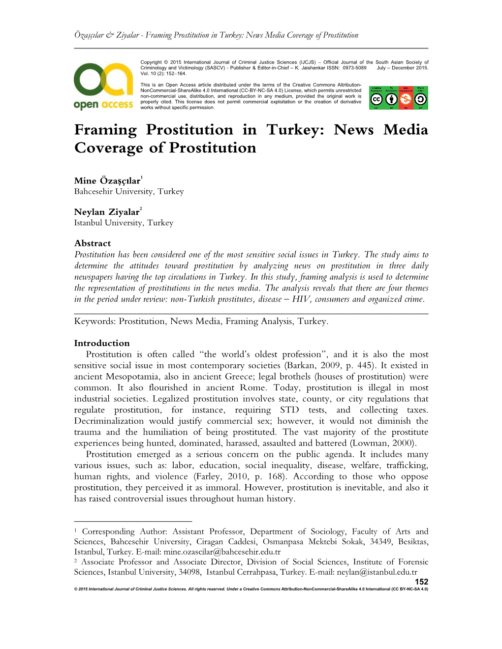 Framing Prostitution in Turkey: News Media Coverage of Prostitution