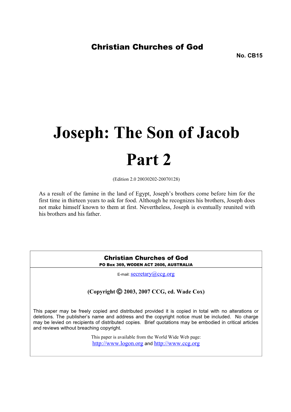 Joseph: the Son of Jacob Part 2 (No. CB15)