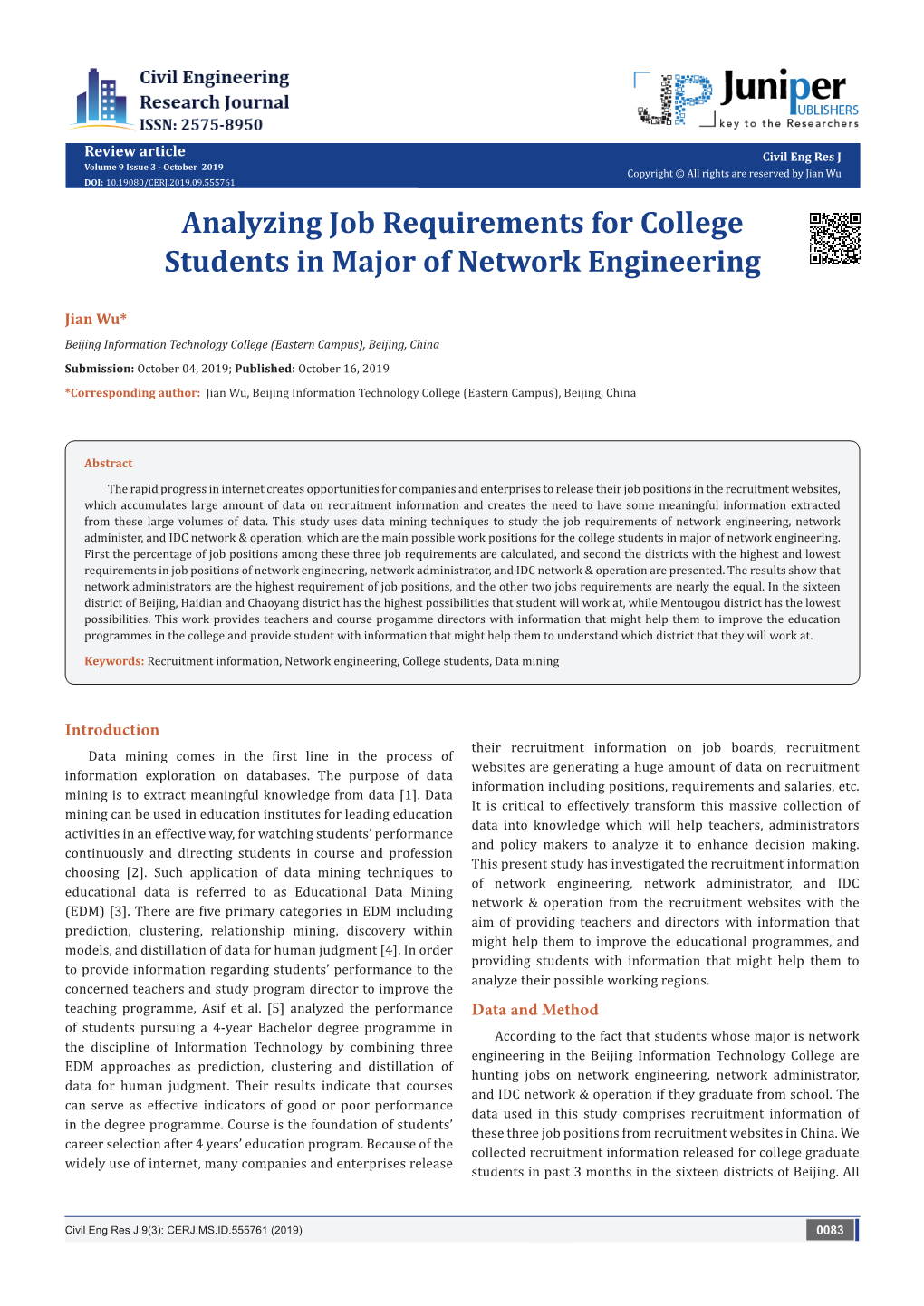 Analyzing Job Requirements for College Students in Major of Network Engineering