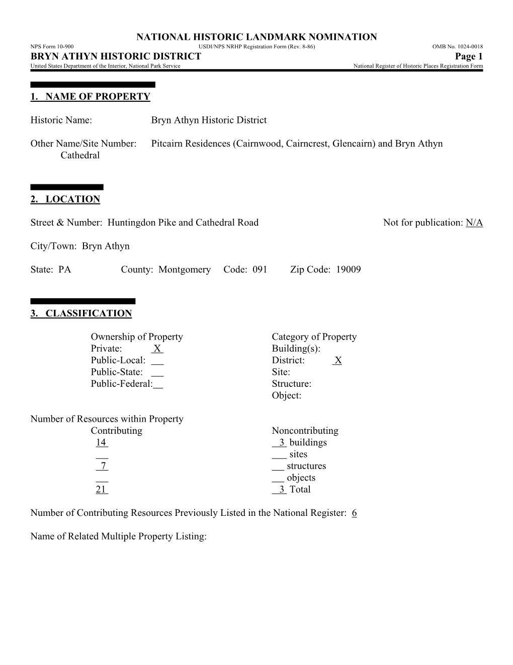 BRYN ATHYN HISTORIC DISTRICT Page 1 United States Department of the Interior, National Park Service National Register of Historic Places Registration Form