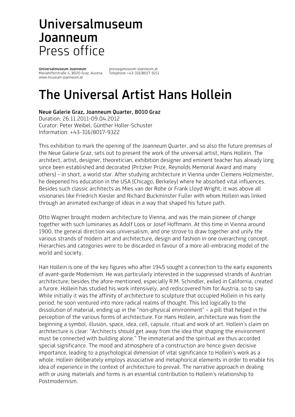 Universalmuseum Joanneum Press Office the Universal Artist Hans