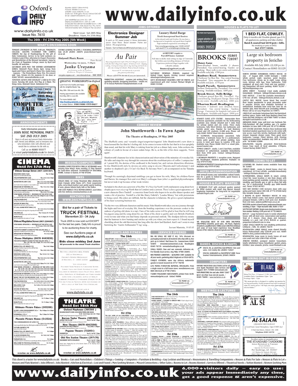 Snail Mail: 10 Kingston Road, Oxford OX2 6EF DAILY Email: Dailyinfo@Dailyinfo.Co.Uk Line Ads@40P/Wd