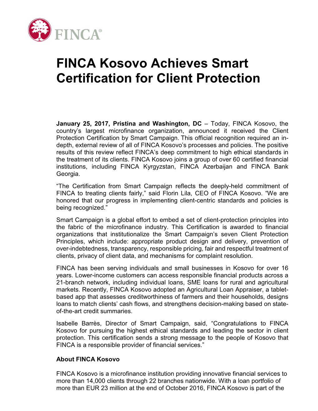 FINCA Kosovo Achieves Smart Certification for Client Protection