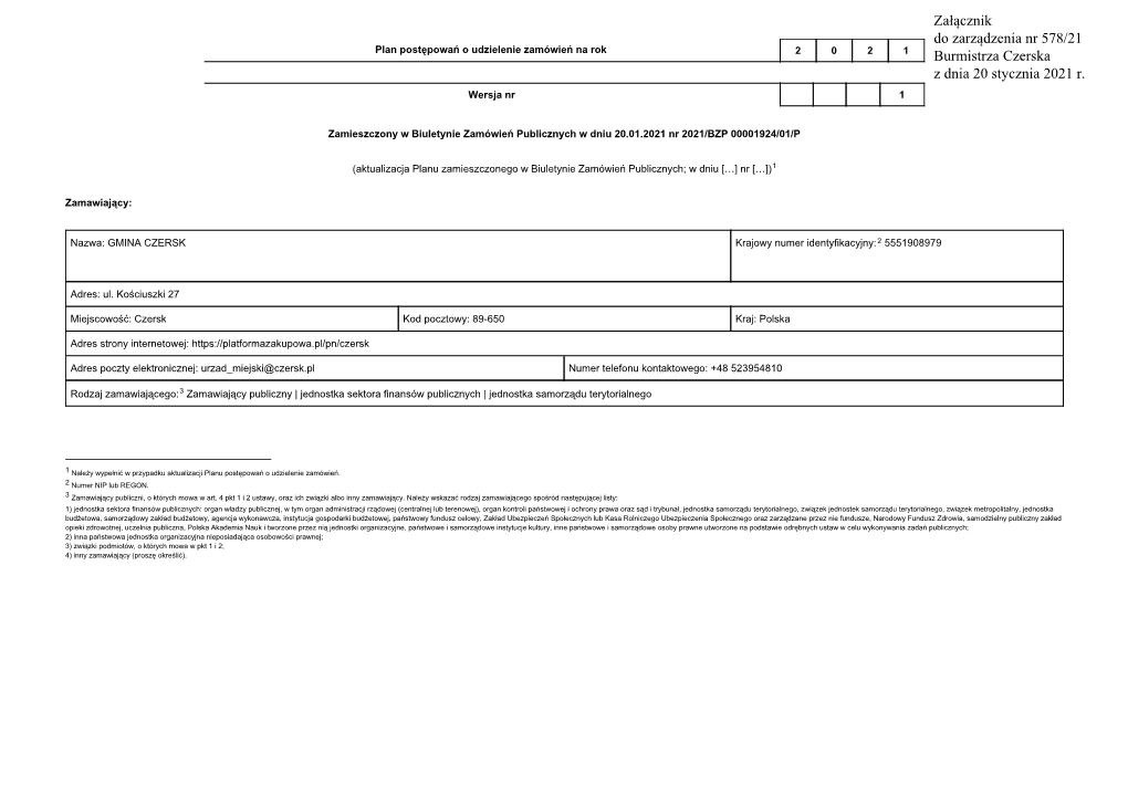 Załącznik Do Zarządzenia Nr 578/21 Burmistrza Czerska Z Dnia 20