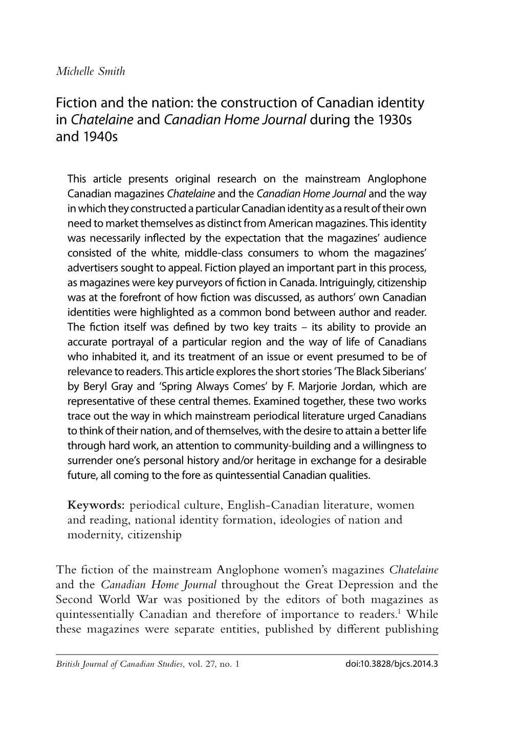 Fiction and the Nation: the Construction of Canadian Identity in Chatelaine and Canadian Home Journal During the 1930S and 1940S