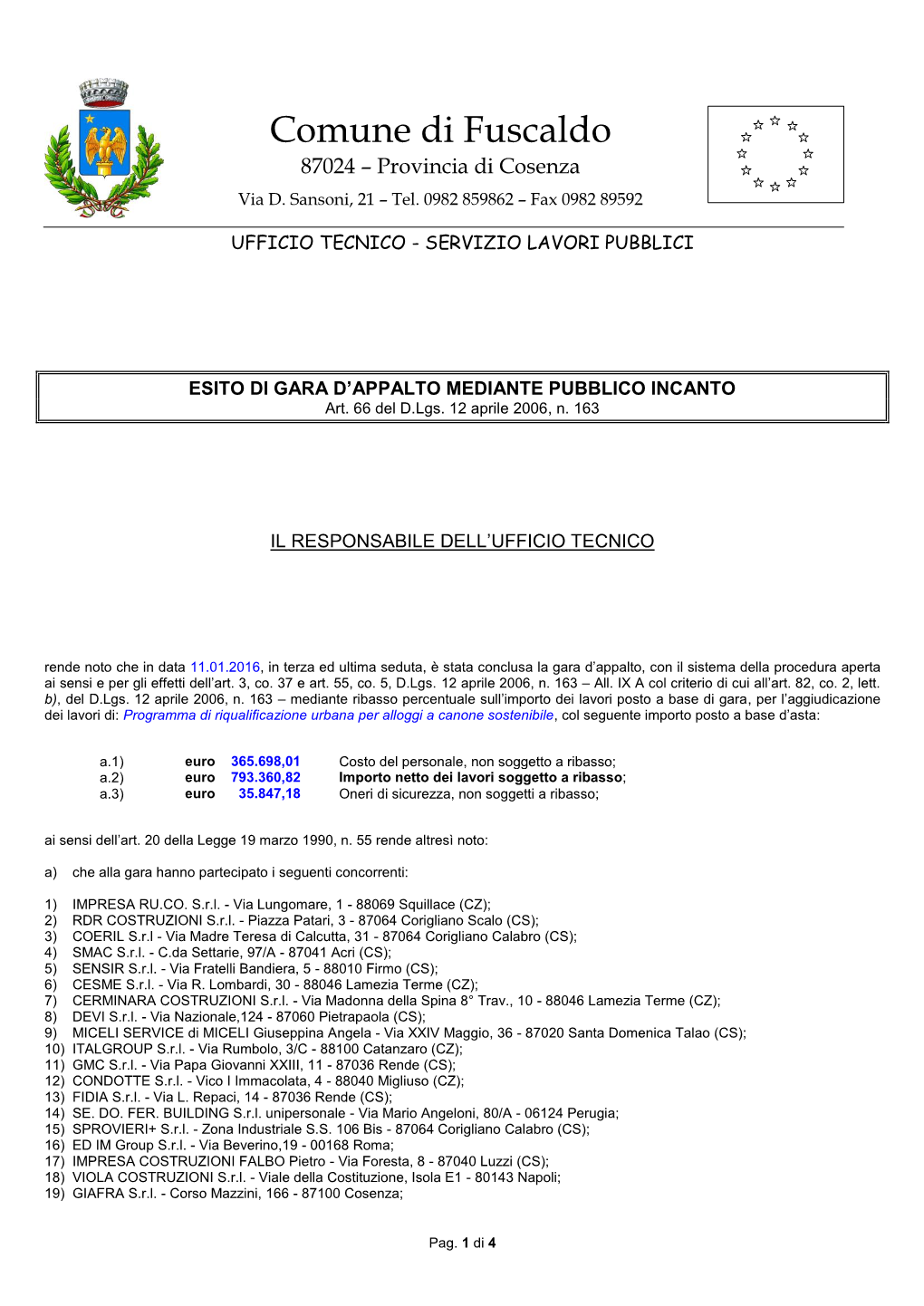 Comune Di Fuscaldo 87024 – Provincia Di Cosenza Via D