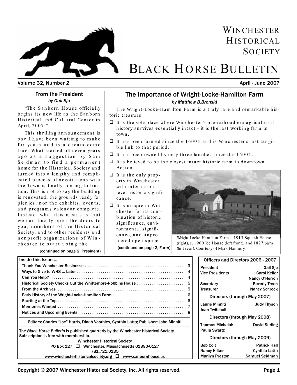 Winchester Historical Society Black Horse Bulletin