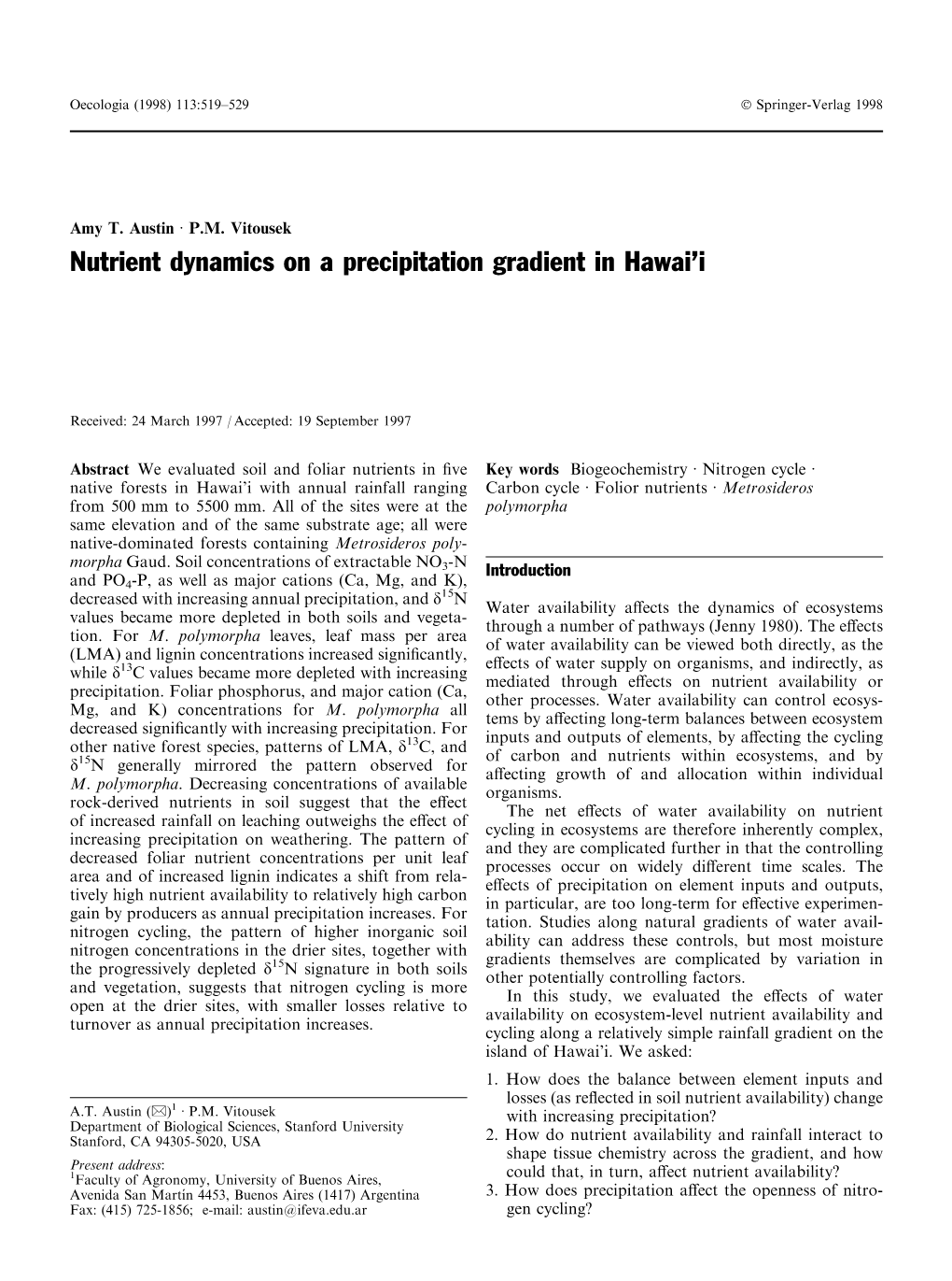 Nutrient Dynamics on a Precipitation Gradient in Hawai'i