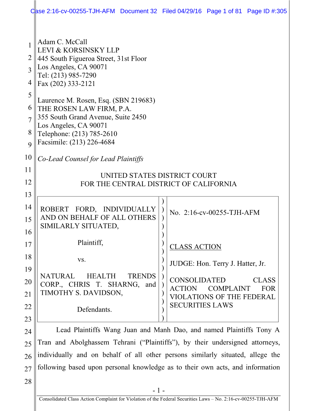 Robert Ford, Et Al. V. Natural Health Trends Corp., Et Al. 16-CV-00255-Consolidated Class Action Complaint for Violations Of