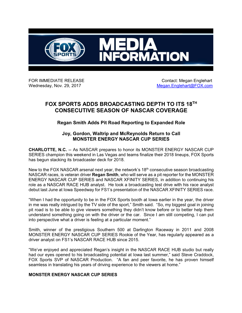 Fox Sports Adds Broadcasting Depth to Its 18Th Consecutive Season of Nascar Coverage