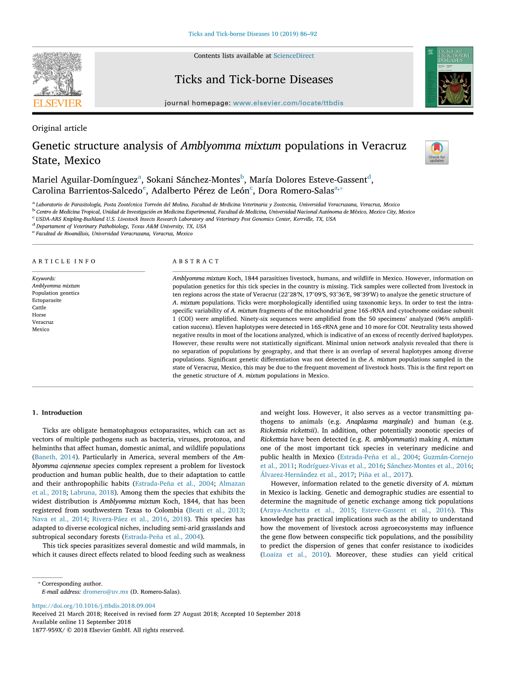 Genetic Structure Analysis of Amblyomma Mixtum Populations in Veracruz State, Mexico T