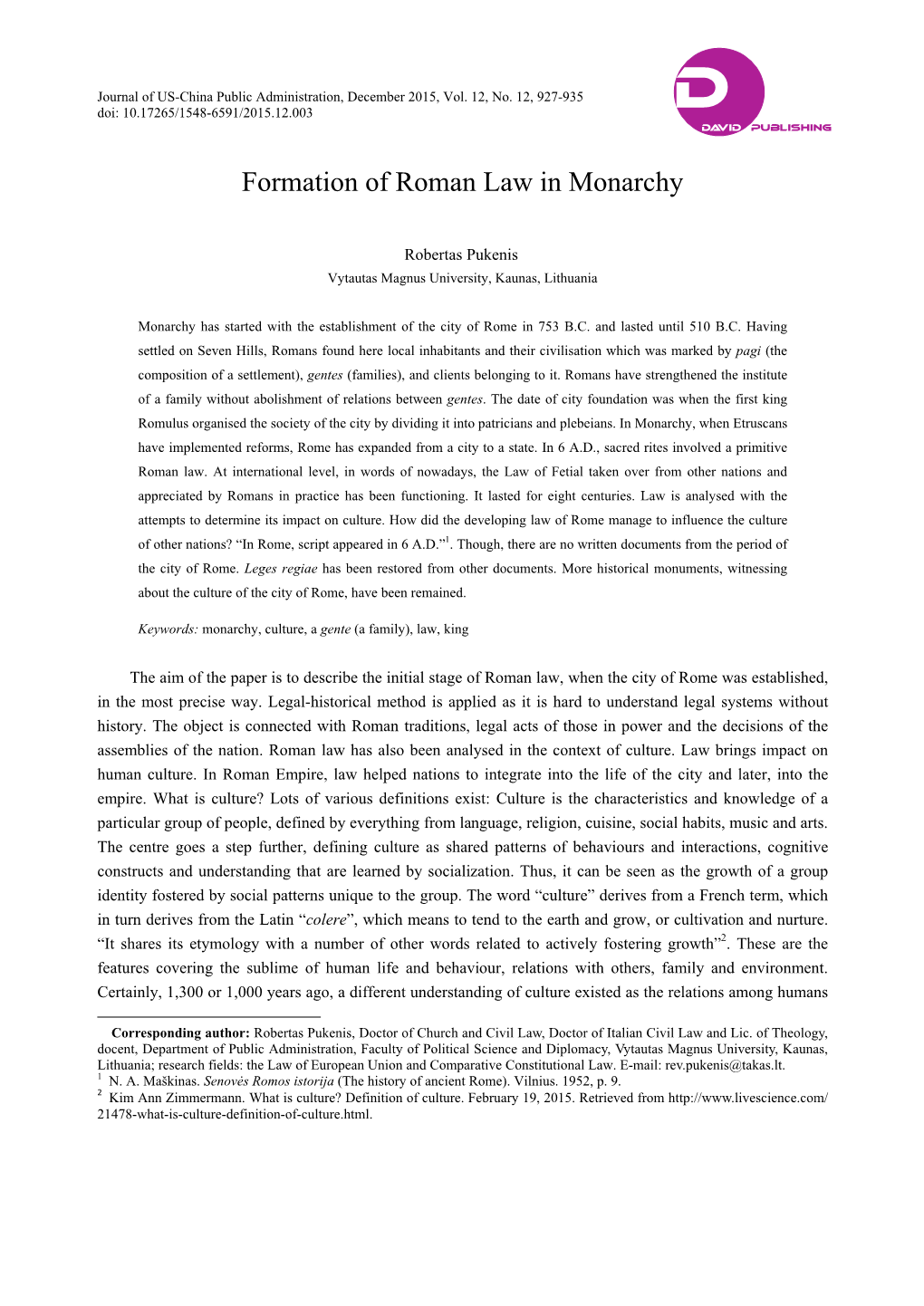 Formation of Roman Law in Monarchy